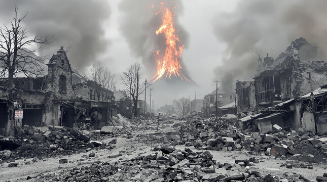 Devastated war-torn cityscape with destroyed buildings and massive fire.