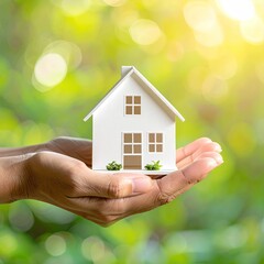 A pair of hands gently hold a small, white model house against a blurred backdrop of bright green foliage and sunlight