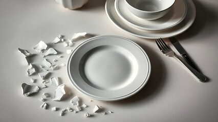 porosity. Broken porcelain fragments beside a flawless dinnerware set on a neutral tabletop. wellbeing guides, coaching materials, designed for mental health education and mindfulness programs.
