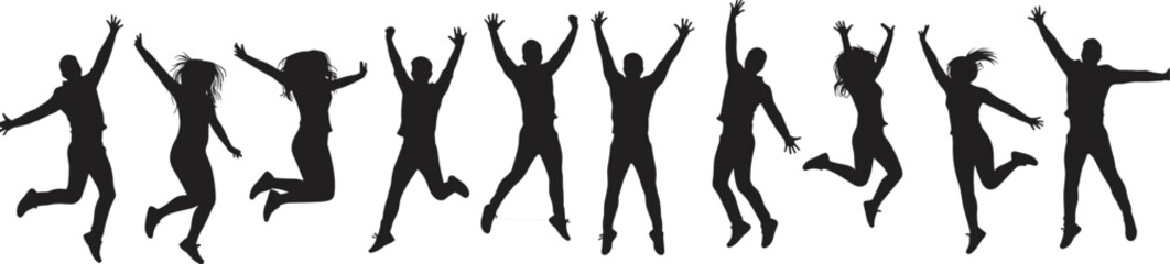 Jumping silhouettes, celebration poses, joyful movement icons, cad drawing flat vector illustration, black human shapes, freedom and unity graphics