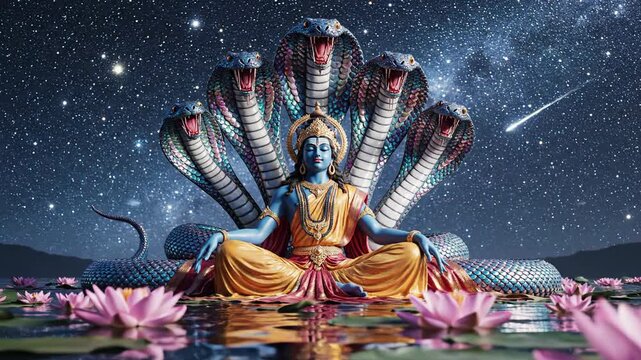 Divine Serenity - Lord Vishnu Meditating Amidst Cosmic Splendor.