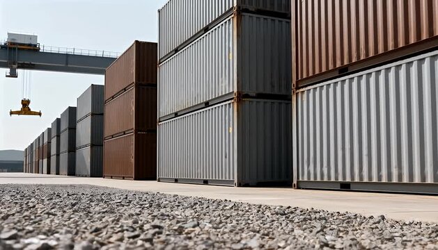 Rows of shipping containers at a port facility with a crane in the background ocean logistics., logistics.