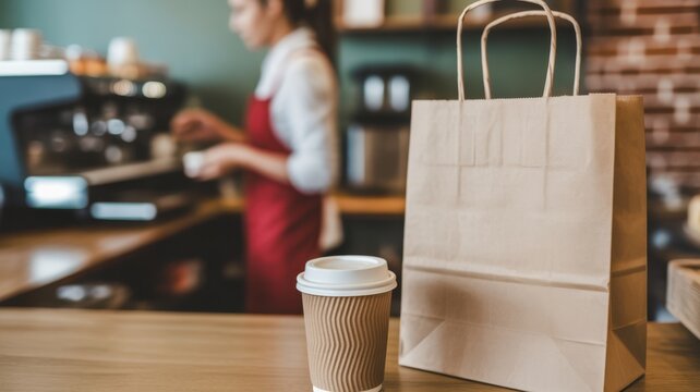 Coffee To-Go: A cozy cafe setting, a takeout coffee cup and a paper bag. A barista is preparing coffee in background. Perfectly captures the essence of a coffee break or quick meal.