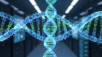 A detailed, glowing DNA strand against a blurred lab hallway