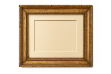 Empty wooden picture frame with matte for displaying artwork, antique style gold border, transparent background cutout