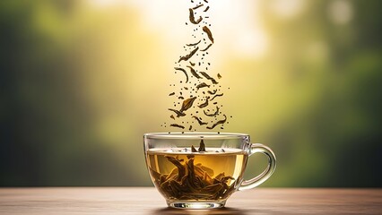 Pouring hot tea into a glass cup with a natural green background.