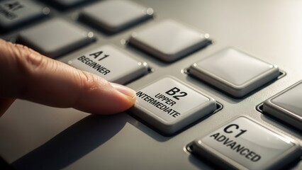 Obraz premium A finger presses a B2 button on a panel with A1, C1 options, indicating language level