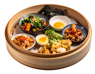 Assorted Asian dim sum dishes served in a traditional bamboo steamer with various fillings and toppings