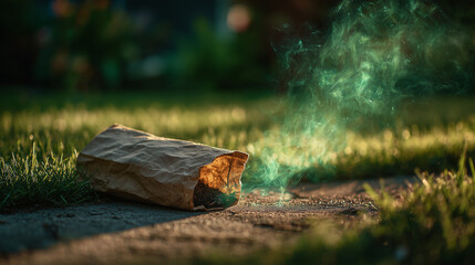 Compost bag with green vapor on a dirt walkway during dawn