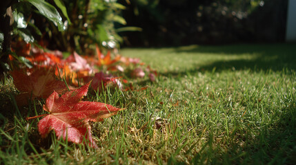 Freshly cut grass blades scattered on the ground in a backyard
