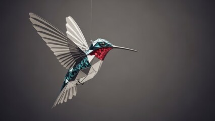 Naklejka premium A geometric hummingbird sculpture hangs in mid-air against a plain grey background
