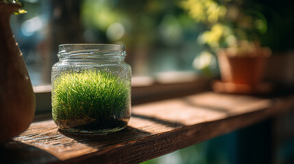 Grass in a glass jar with condensation on a wooden shelf