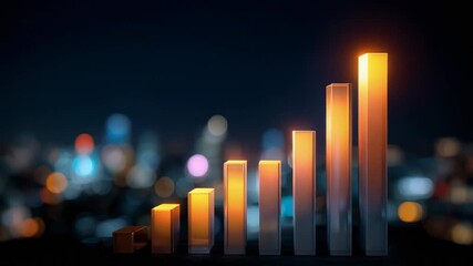 Dynamic city skyline with glowing bar graph, representing growth and progress at night - Powered by Adobe
