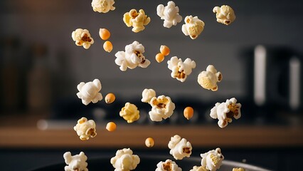 Popcorn in motion a dynamic food still life against a blurred background.