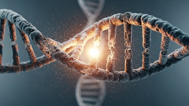 A glowing, broken DNA strand against a muted blue background, showing genetic damage