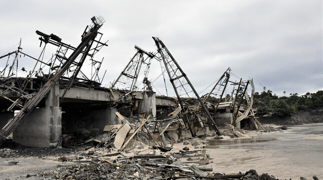 Destroyed bridge with collapsed metal structures and debris.
