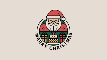 Santa claus with merry christmas text and gifts round logo vector illustration
