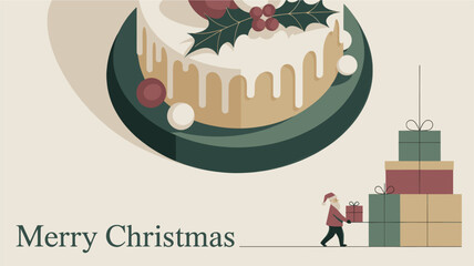 Winter holiday cake with gift and santa claus delivering in vector graphic