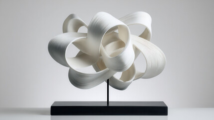 Paper loop knot sculpture on black metal stand with acrylic base, contemporary design

