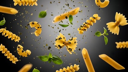 Variety of pasta shapes and fresh herbs suspended in mid air against dark backdrop.