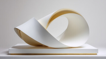 Paper Möbius strip sculpture on rectangular plinth with brass accents, museum-style display