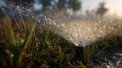 Sprinkler emitting mist over patchy grass in a suburban yard at dawn