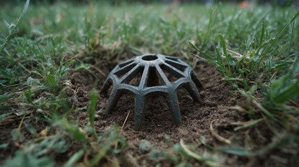 Close-up of a broken sprinkler head with mineral deposits surrounded by grass