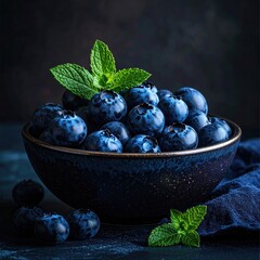 Fresh blueberries in a dark blue bowl, with mint leaves