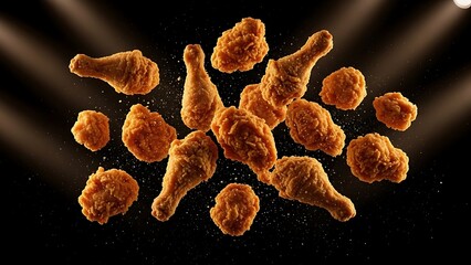 Crispy fried chicken pieces floating against a dark background with dramatic lighting.