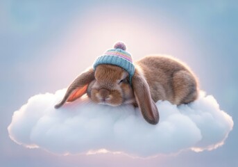 Cute rabbit with a colorful hat resting on a fluffy cloud in a dreamy pastel sky setting