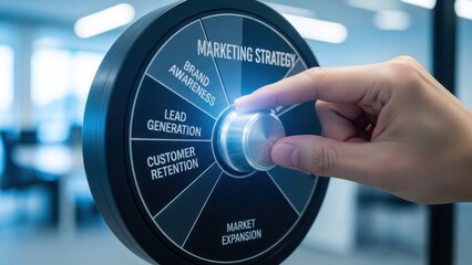A hand turning a dial on a circular wheel illustrating various marketing strategies