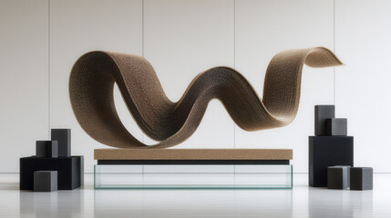 Stacked-wave cardboard sculpture with corrugated layers on reflective acrylic base, minimalist design
