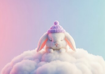 Adorable Bunny Resting on Fluffy Cloud with Knitted Hat in Dreamy Pastel Background