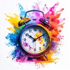 Colorful explosion surrounds a vintage alarm clock