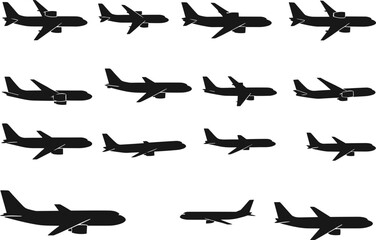 Airplane silhouettes, jet profiles, aircraft icons, aviation shapes, cad drawing flat vector illustration, black commercial planes, flight design graphics