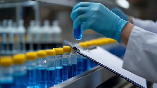 Laboratory Professional Conducting Research with Blue Fluids in Vials for Quality Control