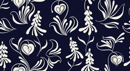 Stylized folk floral seamless pattern whimsical heart flower motifs. Hand drawn decorative botanical background.