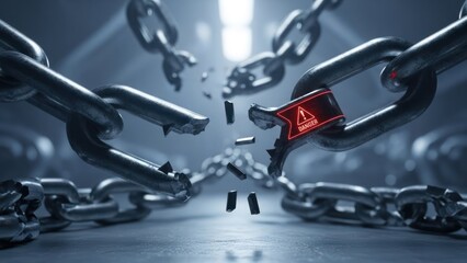 A metallic chain breaking apart with a glowing warning sign, in a blurry, lit tunnel