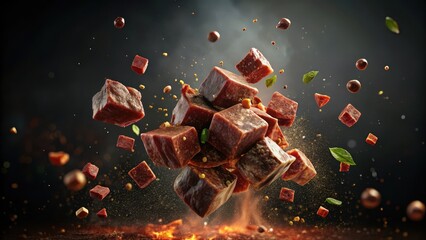 Rich aromas of international cuisine unfold as juicy beef cubes tumble down a dark, mysterious background, releasing floating spices and seasonings