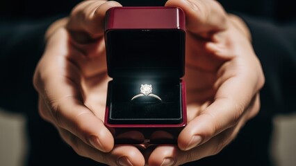 A pair of hands tenderly present a lit engagement ring in a red velvet box