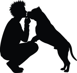 Black silhouette vector illustration of person crouching kissing a pitbull dog, isolated on white background, representing pet ownership, animal love, loyalty, and friendship concepts.