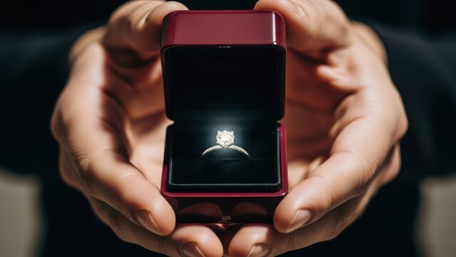 A pair of hands tenderly present a lit engagement ring in a red velvet box - Powered by Adobe