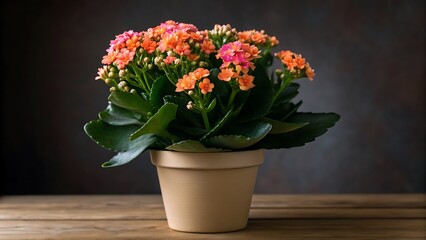 Fototapeta premium Vibrant orange and pink kalanchoe blossoms in a terracotta pot on a wooden surface
