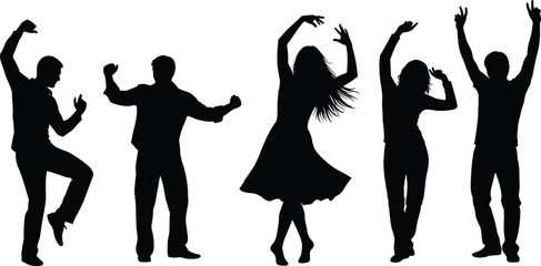 Black silhouette vector set of five happy people dancing and celebrating at a party, dynamic men and women figures having fun, expressive movement, isolated white background