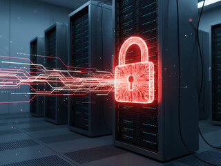 3d illustration glowing red padlock server room rack background cyber security data protection ransomware virus malware attack danger warning concept, Cybersecurity Data Network Protection