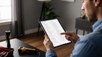 A person, likely a technician, reviews data on a tablet in a well-lit interior