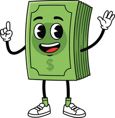 Cartoon dollar character, money mascot design, financial education icon, smiling cash stack, animated currency figure, flat vector illustration