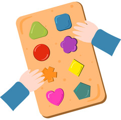 Child's hands playing with colorful educational shape sorter puzzle board for early learning development