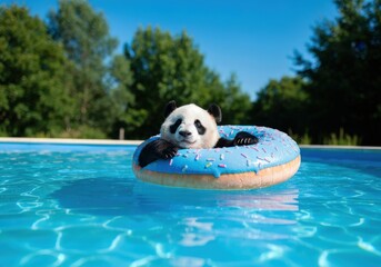 Adorable panda swimming in a colorful donut float in a tranquil blue swimming pool on a sunny day