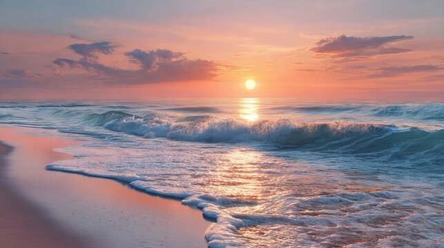 Happy New Year 2026 sunrise over peaceful ocean waves with golden light reflecting on sandy beach creating a calm festive coastal atmosphere perfect for holiday celebration backgrounds